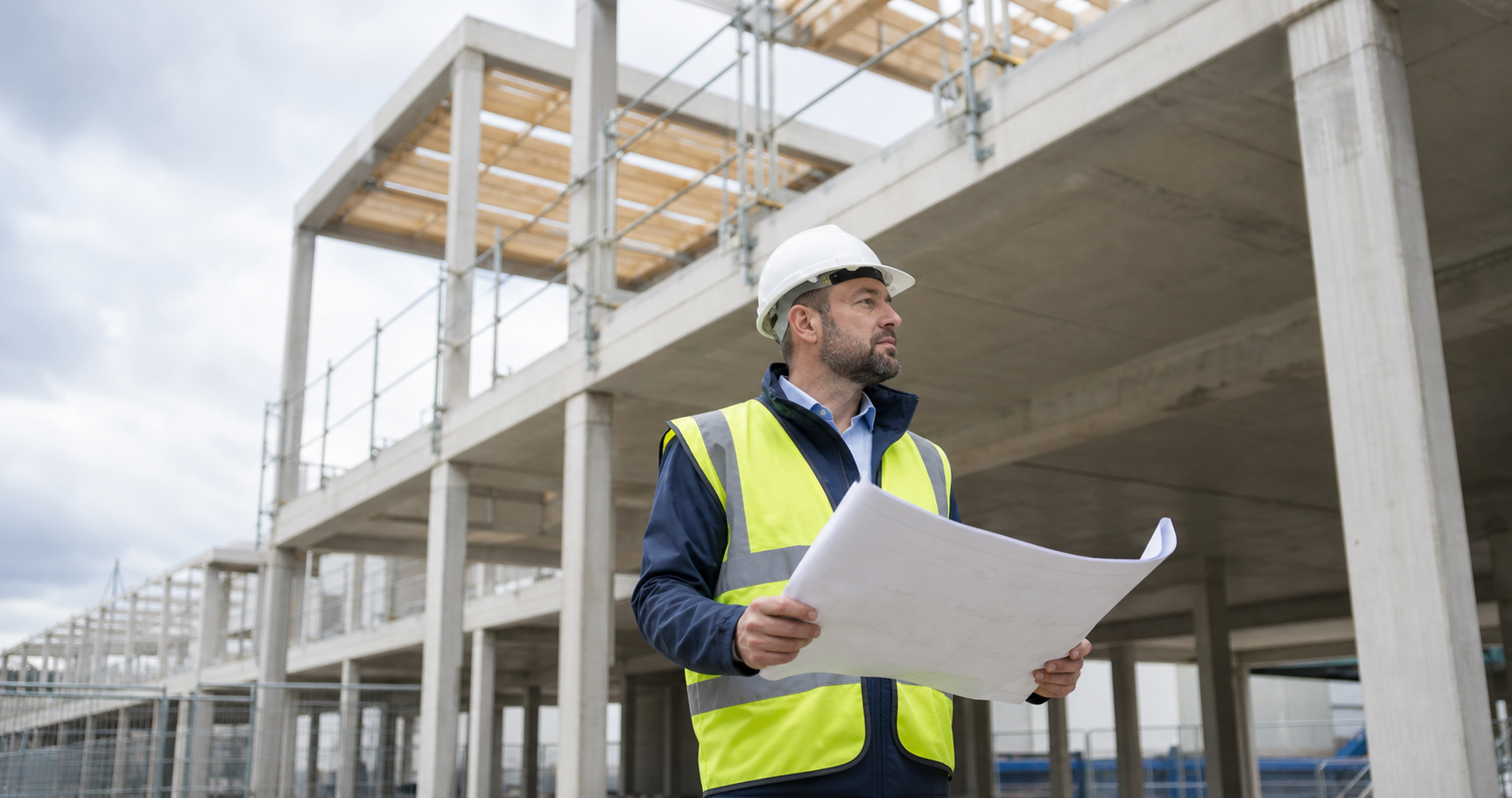 Construction project manager reviewing plans on site